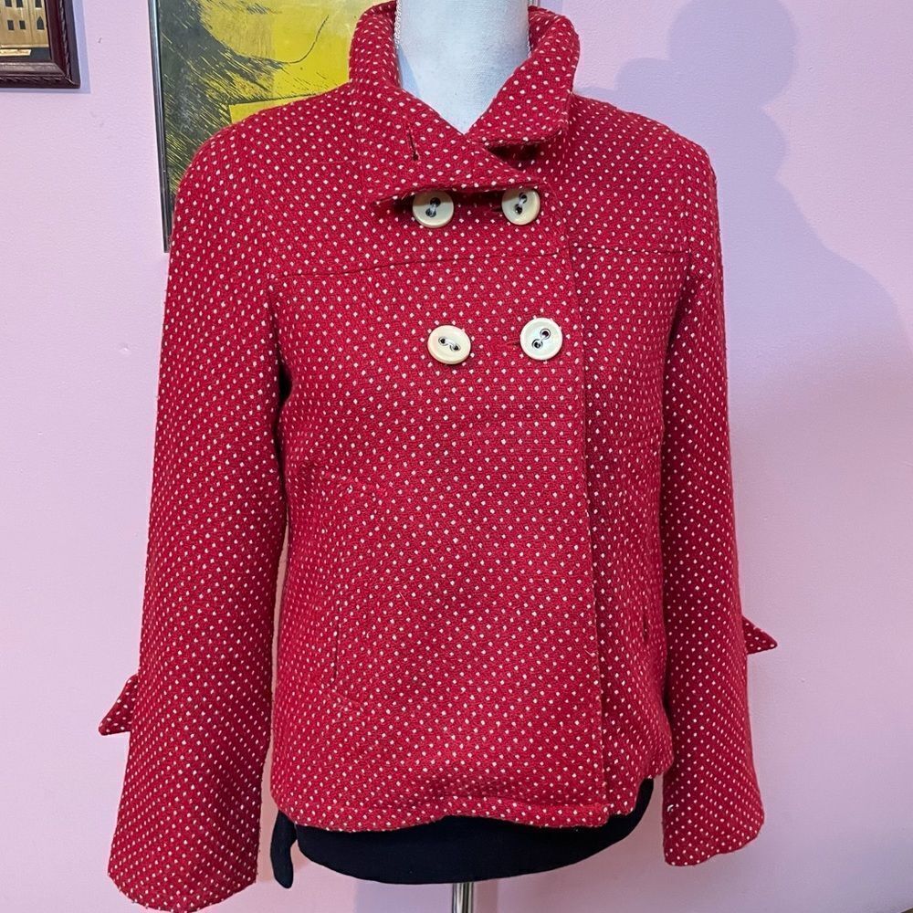 Anthropologie SanctuaryĀ Clothing Retro RedāCoat with white PolkaāDots
